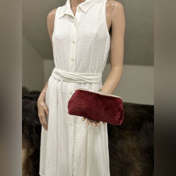 Burgundy Real Shearling Leather Kisslock Clutch/Cosmetic Case/Phone Case - Picture 2 of 14